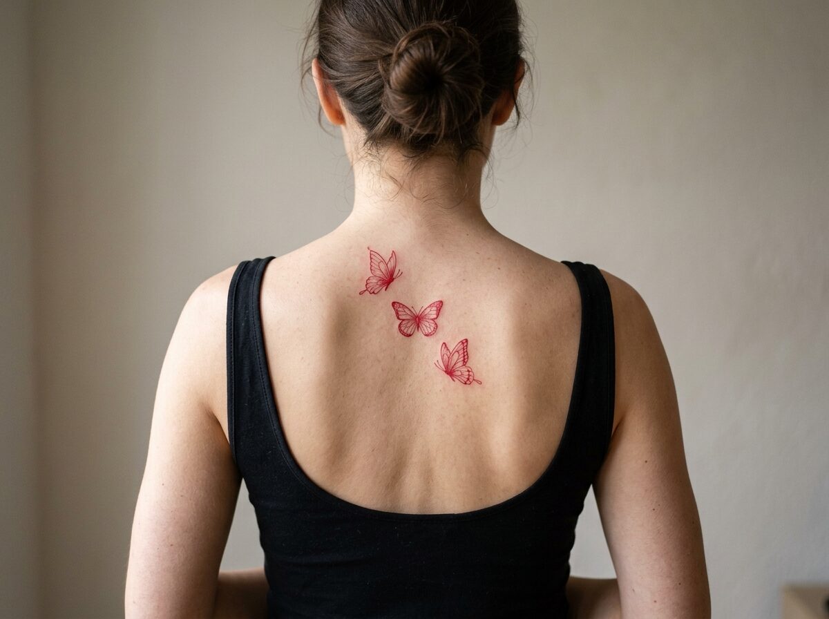 Red butterfly back tattoo between the shoulder blades