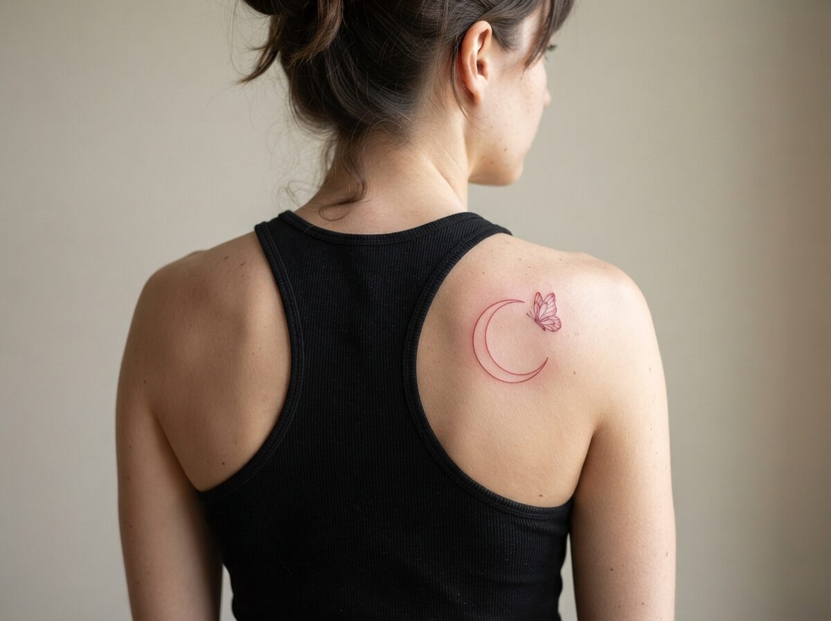 Red butterfly on a crescent moon tattoo on the shoulder blade