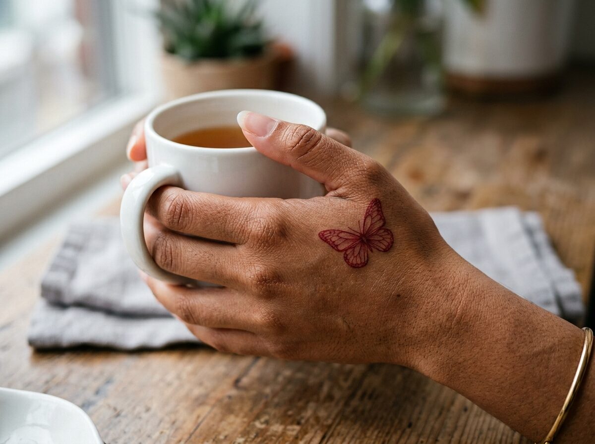 Red butterfly hand tattoo with fine red ink lines