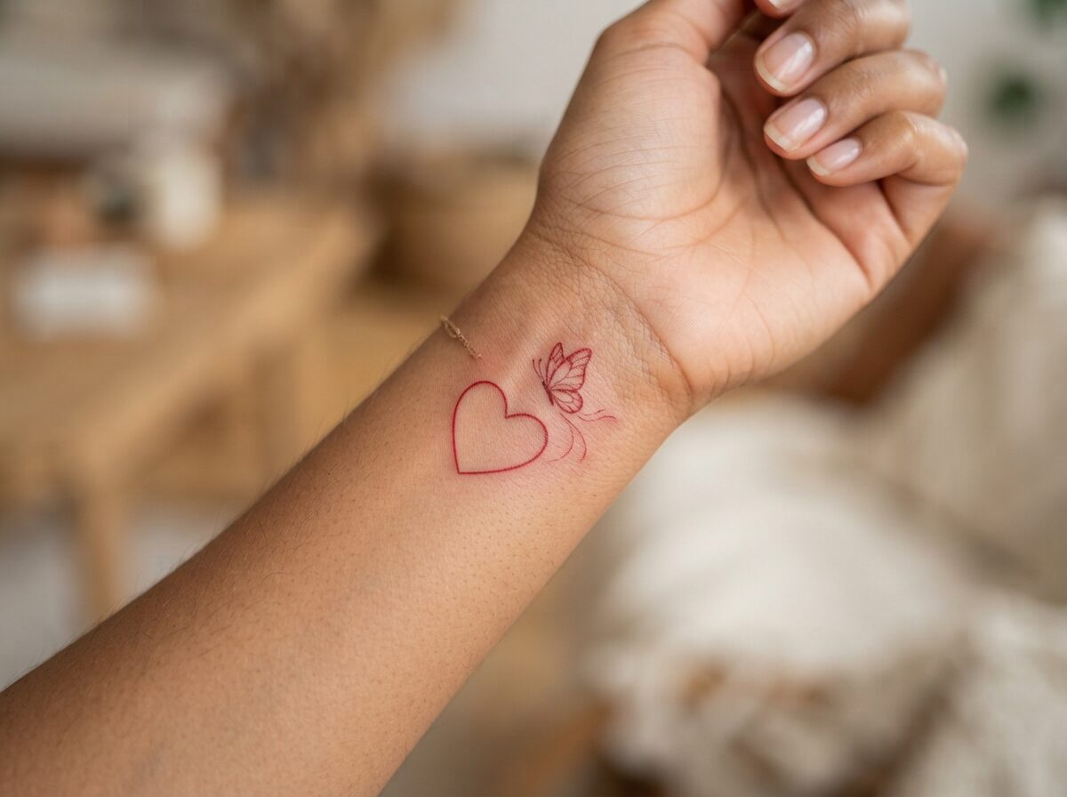 Red butterfly with a heart tattoo on the inner wrist