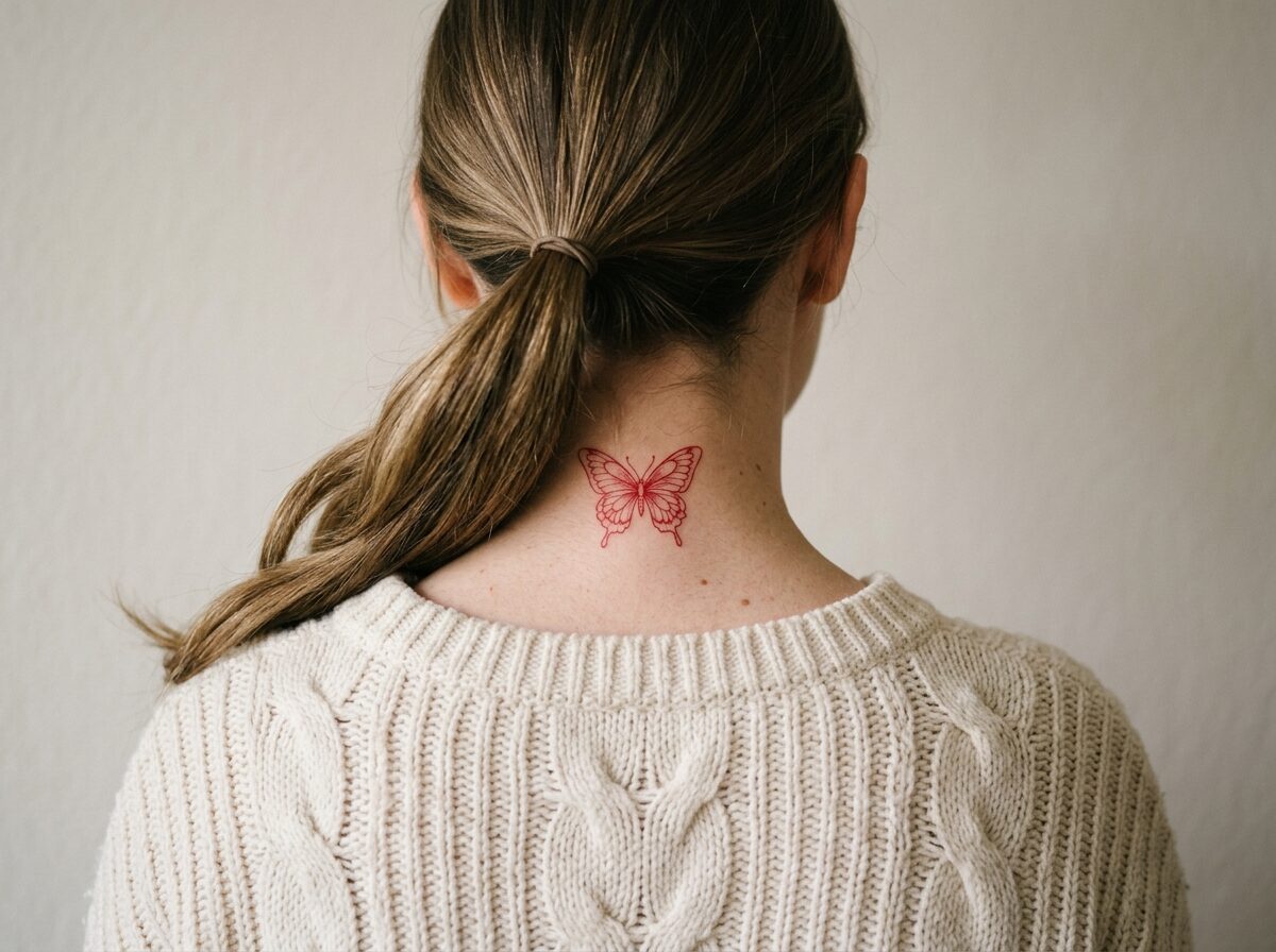 Red butterfly neck tattoo on the nape