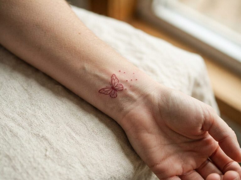 Red butterfly tattoo in fine red line on the inner wrist