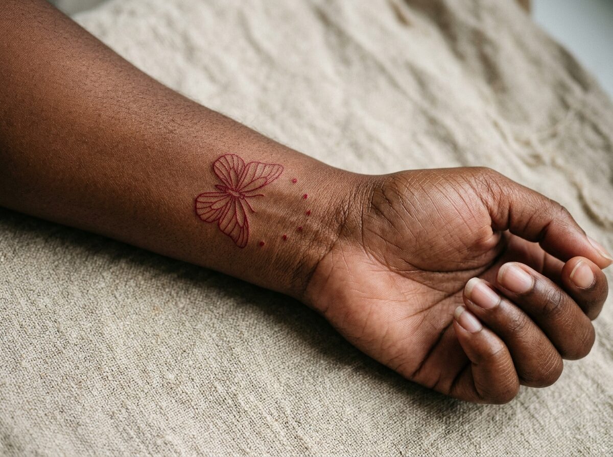 Red ink butterfly wrist tattoo