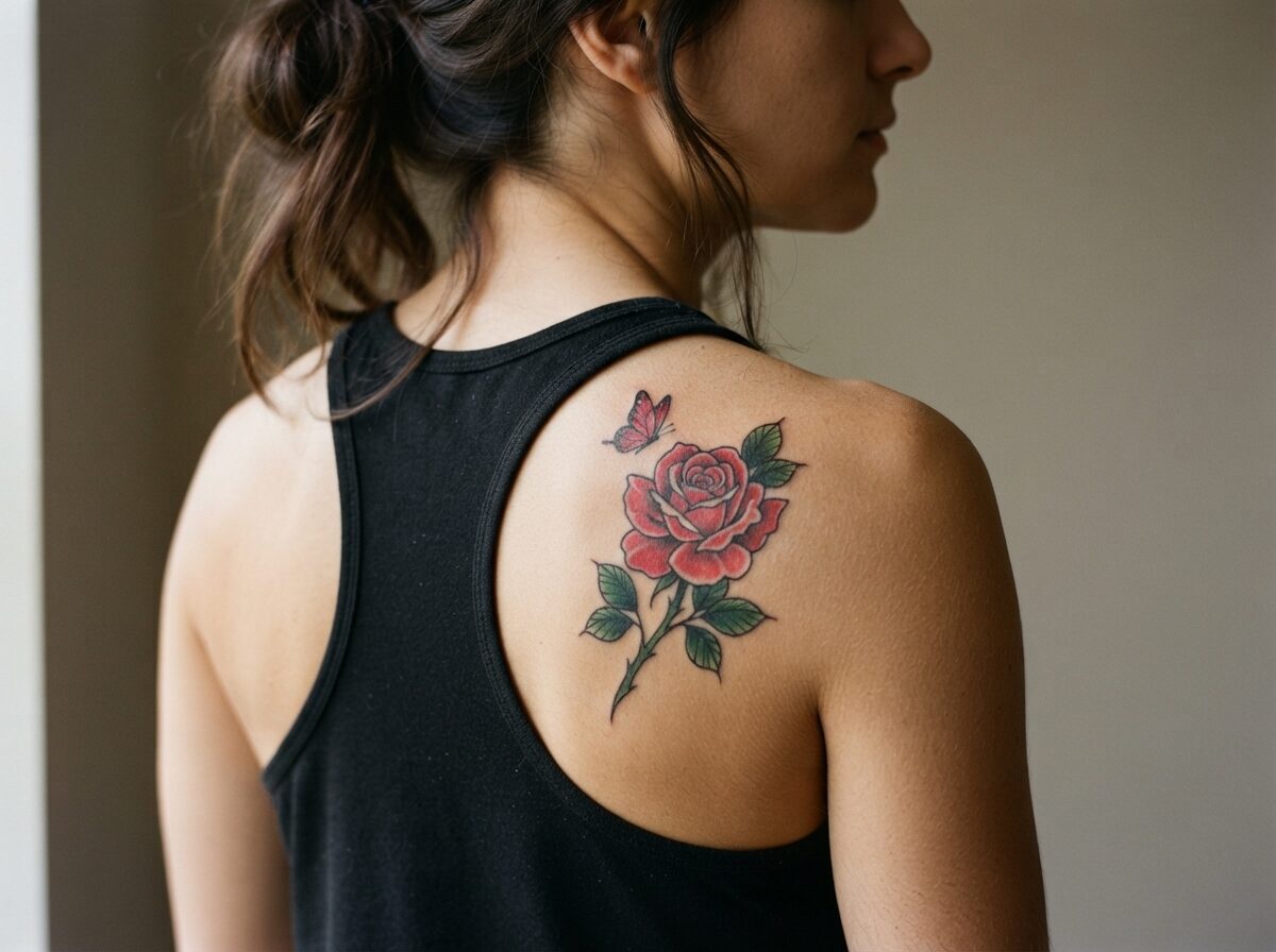 Red butterfly and red rose tattoo on the shoulder