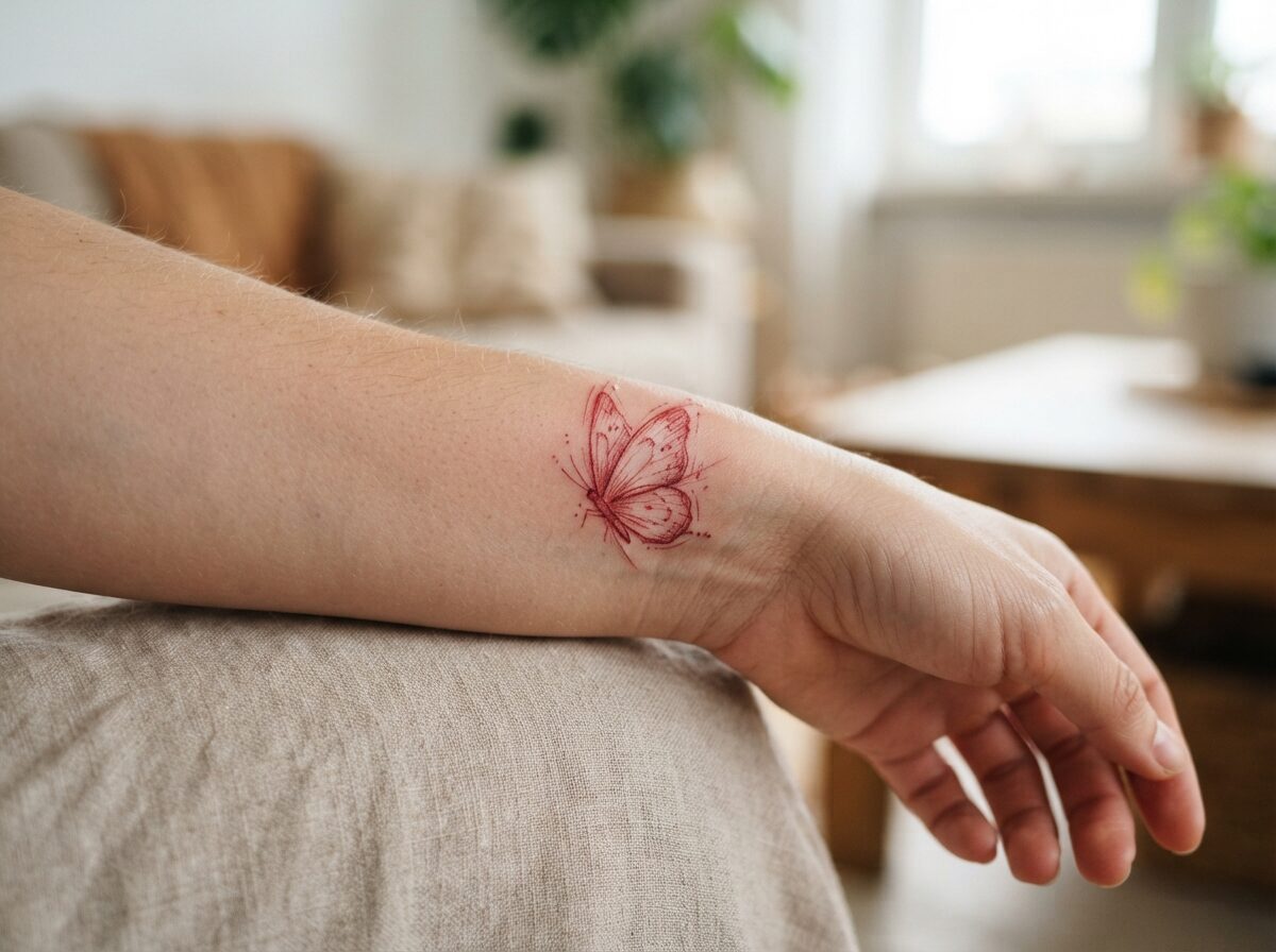 Red sketch style butterfly tattoo on the inner forearm