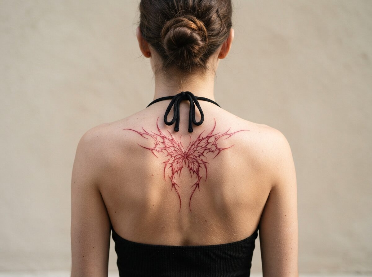 Red ornamental spiky butterfly tattoo on the upper spine