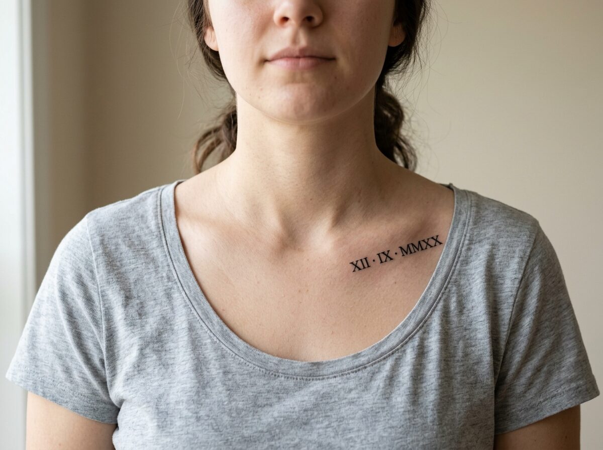 Roman numeral date tattoo on the collarbone