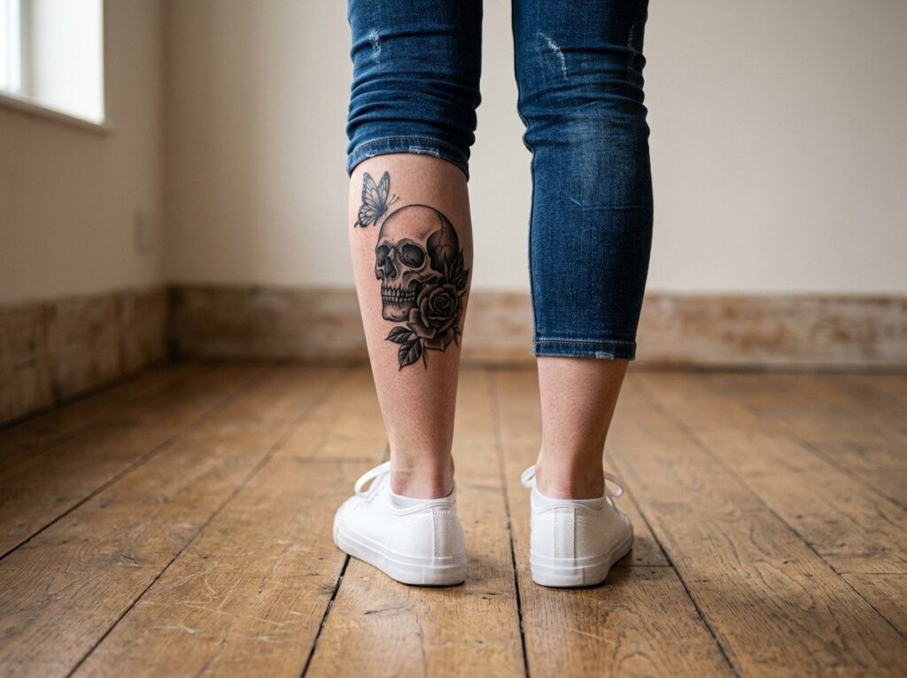 A gothic skull with a rose and a butterfly in black and grey on the back of the calf