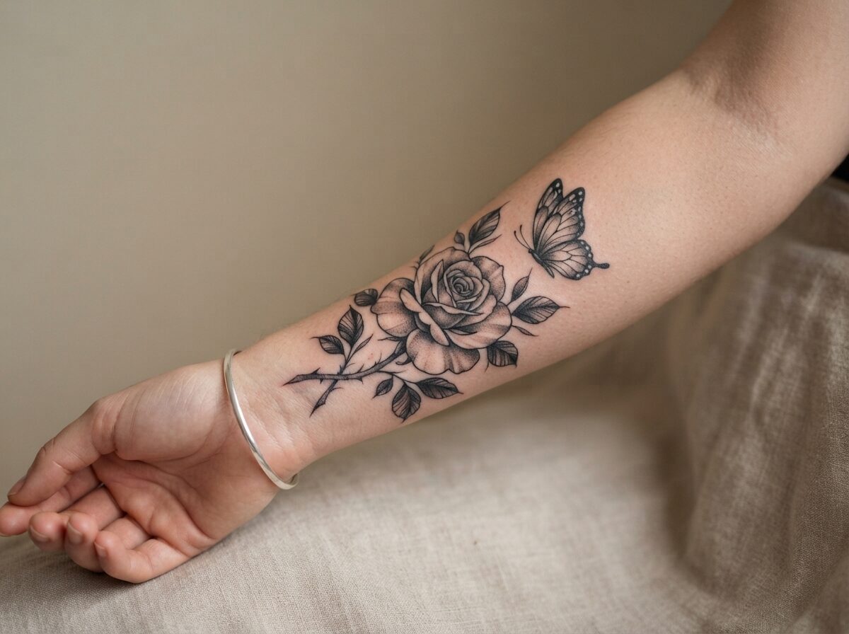 Rose and butterfly tattoo in black and grey on the inner forearm