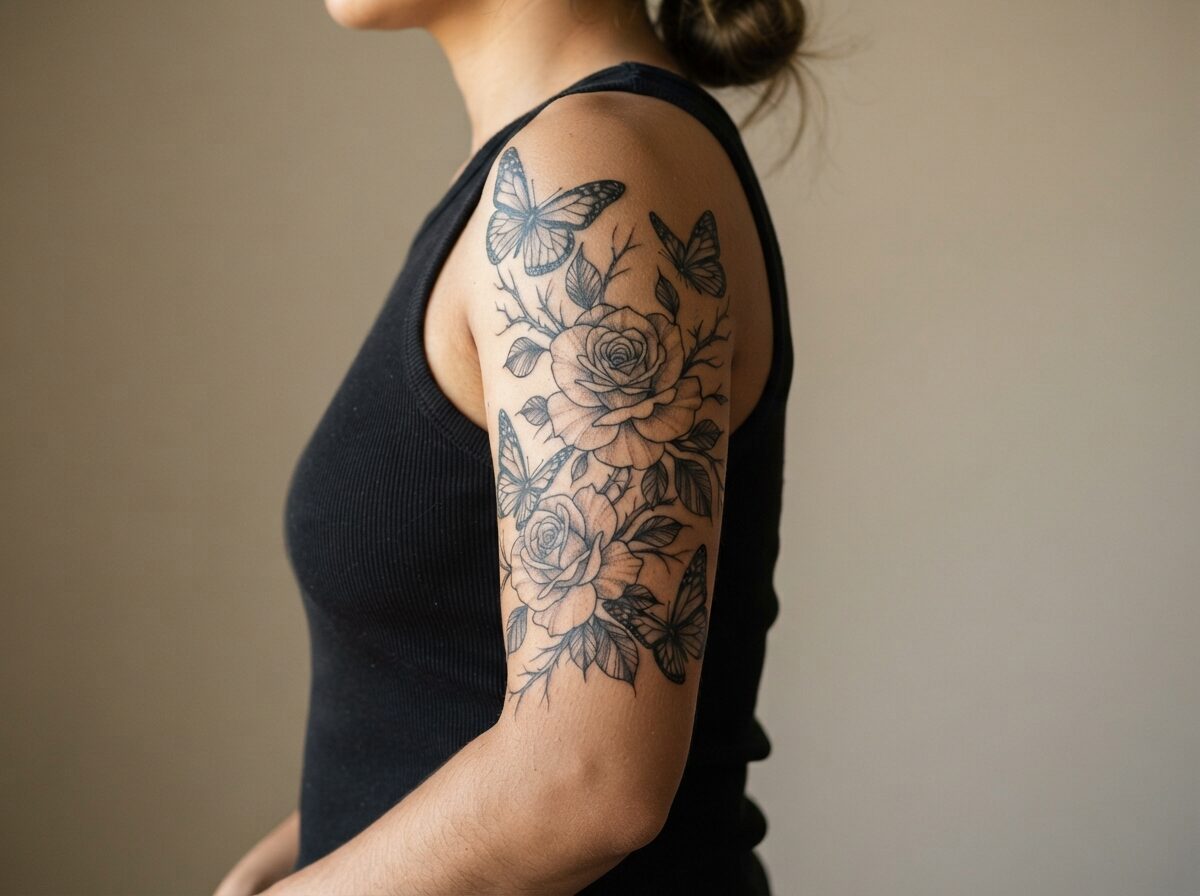 A half sleeve of three roses and four butterflies wrapping around the arm on the upper arm