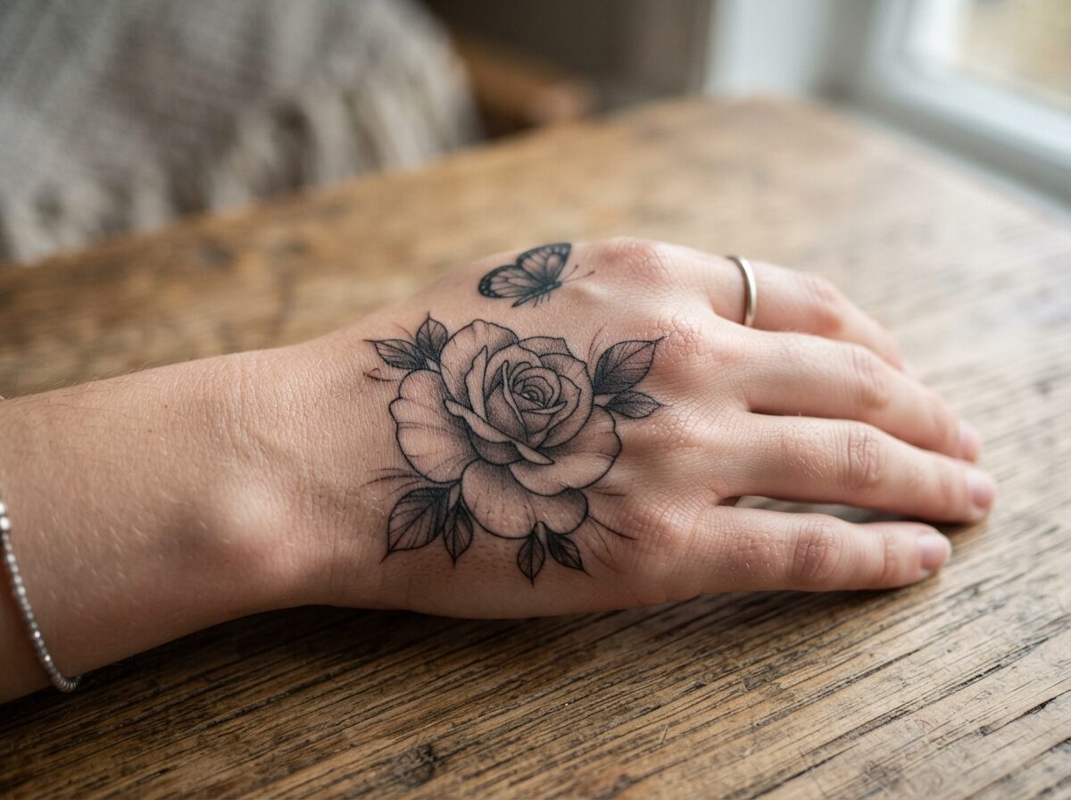 Rose and butterfly hand tattoo in black and grey