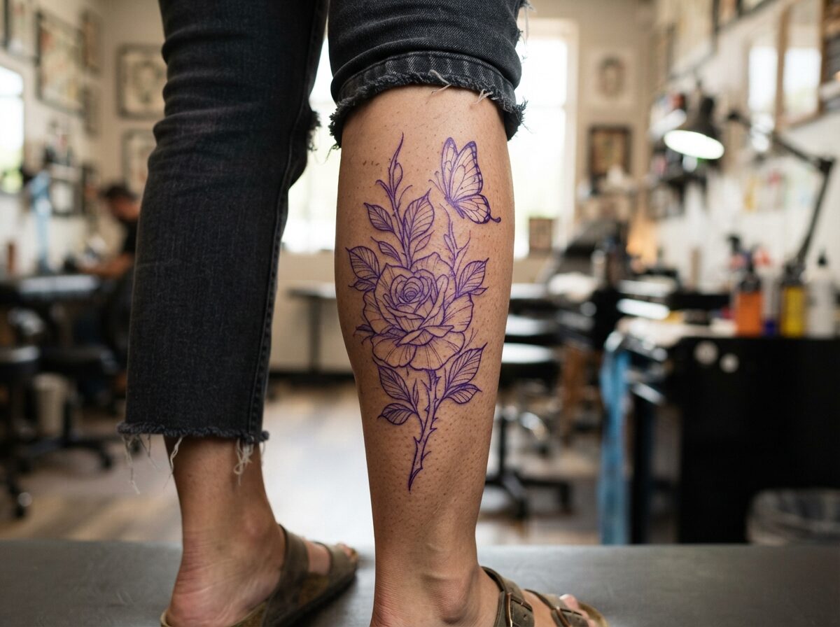 A rose with leaves and stem and a butterfly above it stencil on the back of the calf