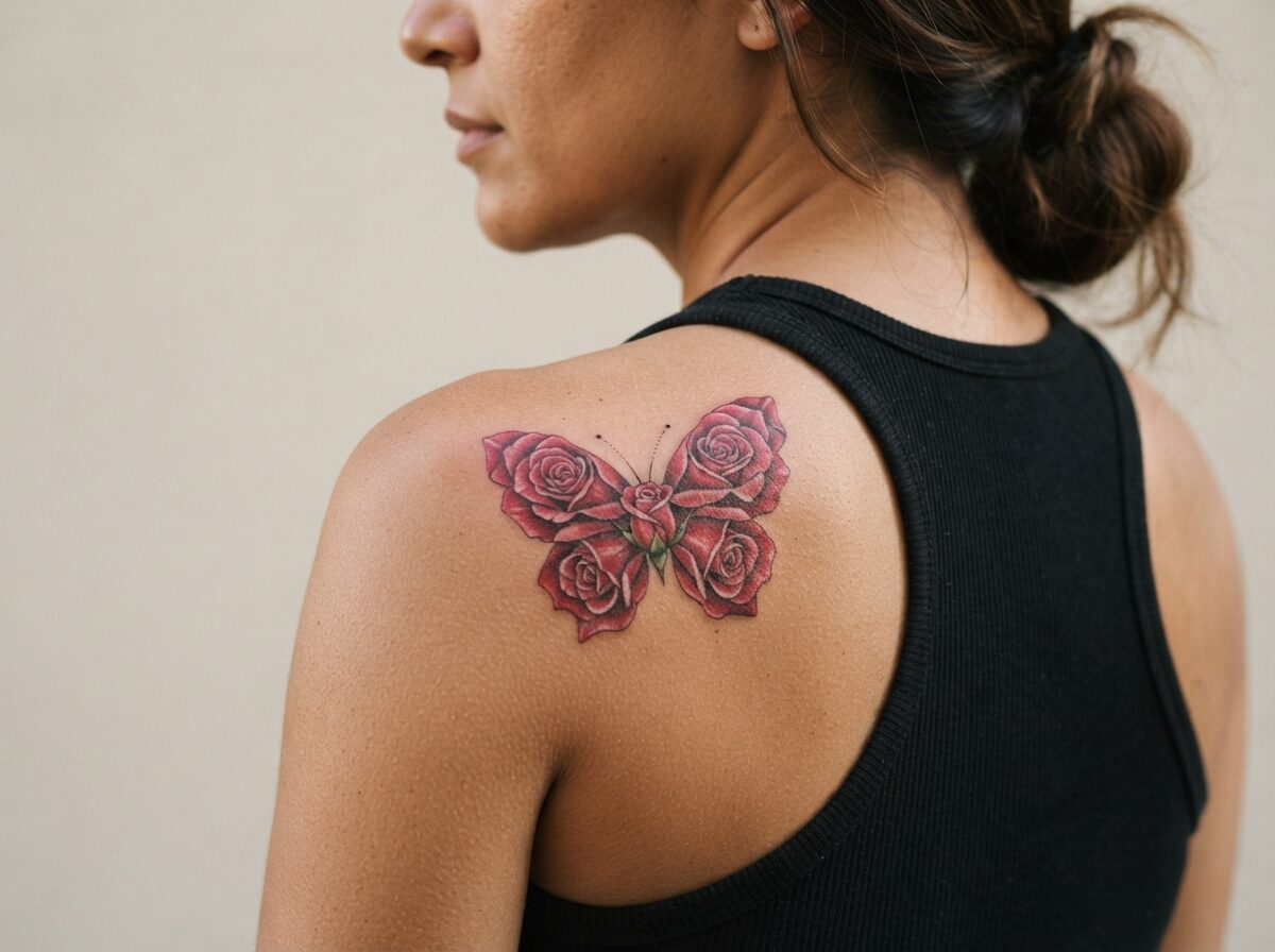 A butterfly whose wings are made of layered rose petals with a rosebud body on the shoulder
