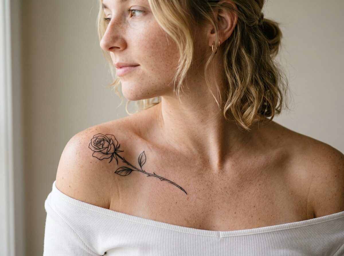 Single rose sprig tattoo on the front of the shoulder