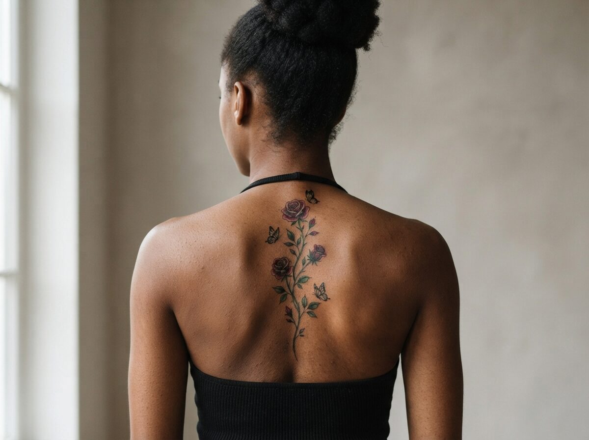 A vertical rose vine with three roses and two butterflies climbing up on the spine