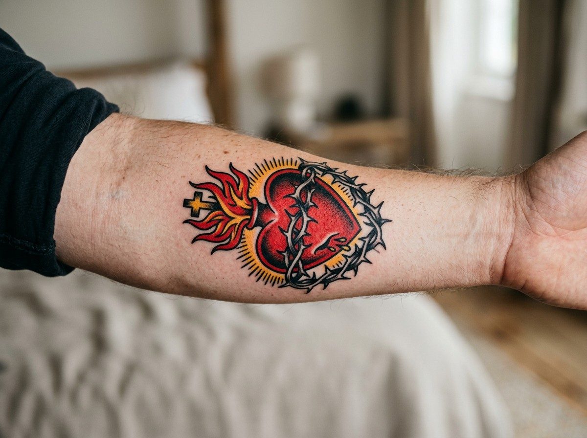 Sacred heart tattoo: traditional sacred heart on the outer forearm