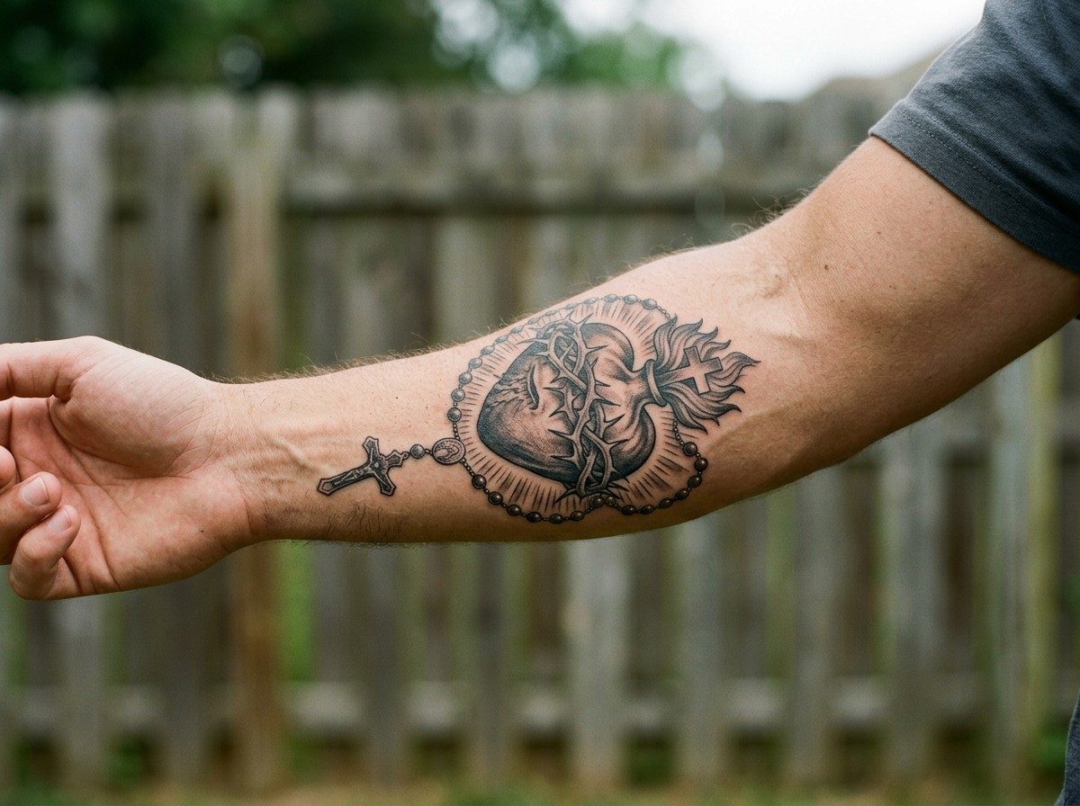 Sacred heart tattoo: sacred heart with rosary on the forearm