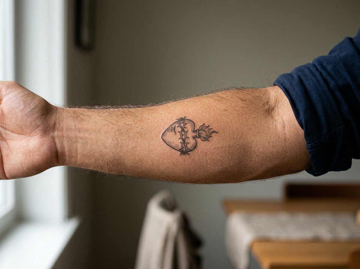Sacred heart tattoo: fine line sacred heart on the inner forearm