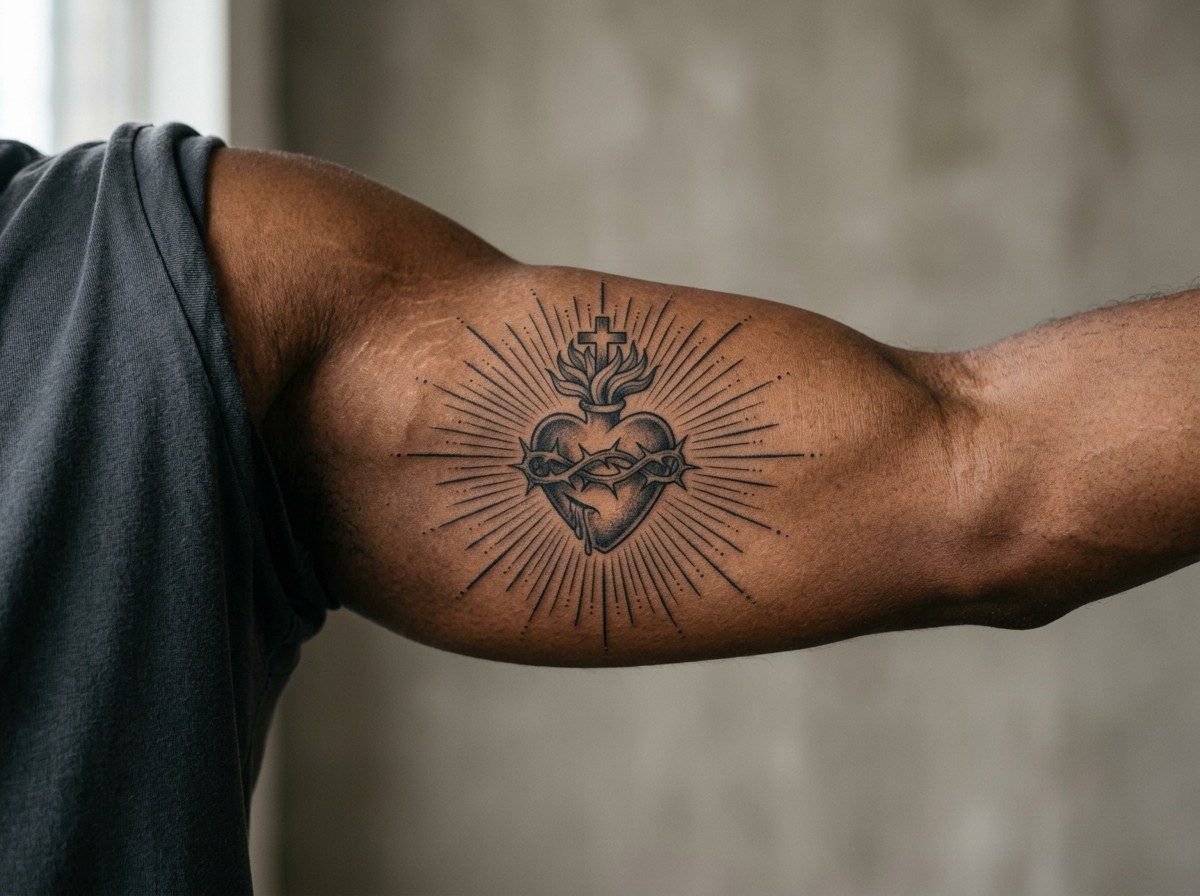 Sacred heart tattoo: sacred heart with rays on the upper arm