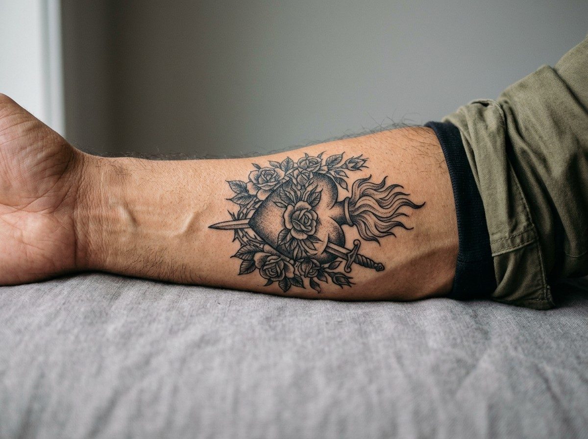 Sacred heart tattoo: immaculate heart of mary on the outer forearm