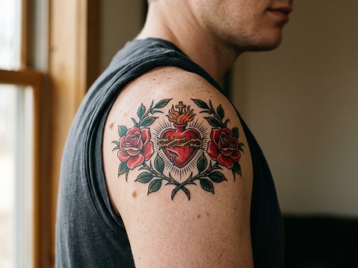 Sacred heart tattoo: sacred heart with roses on the shoulder