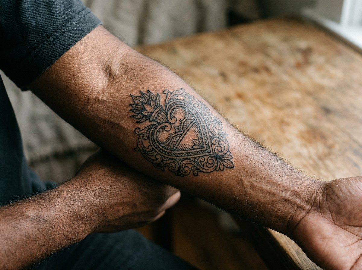 Sacred heart tattoo: mexican milagro heart on the forearm