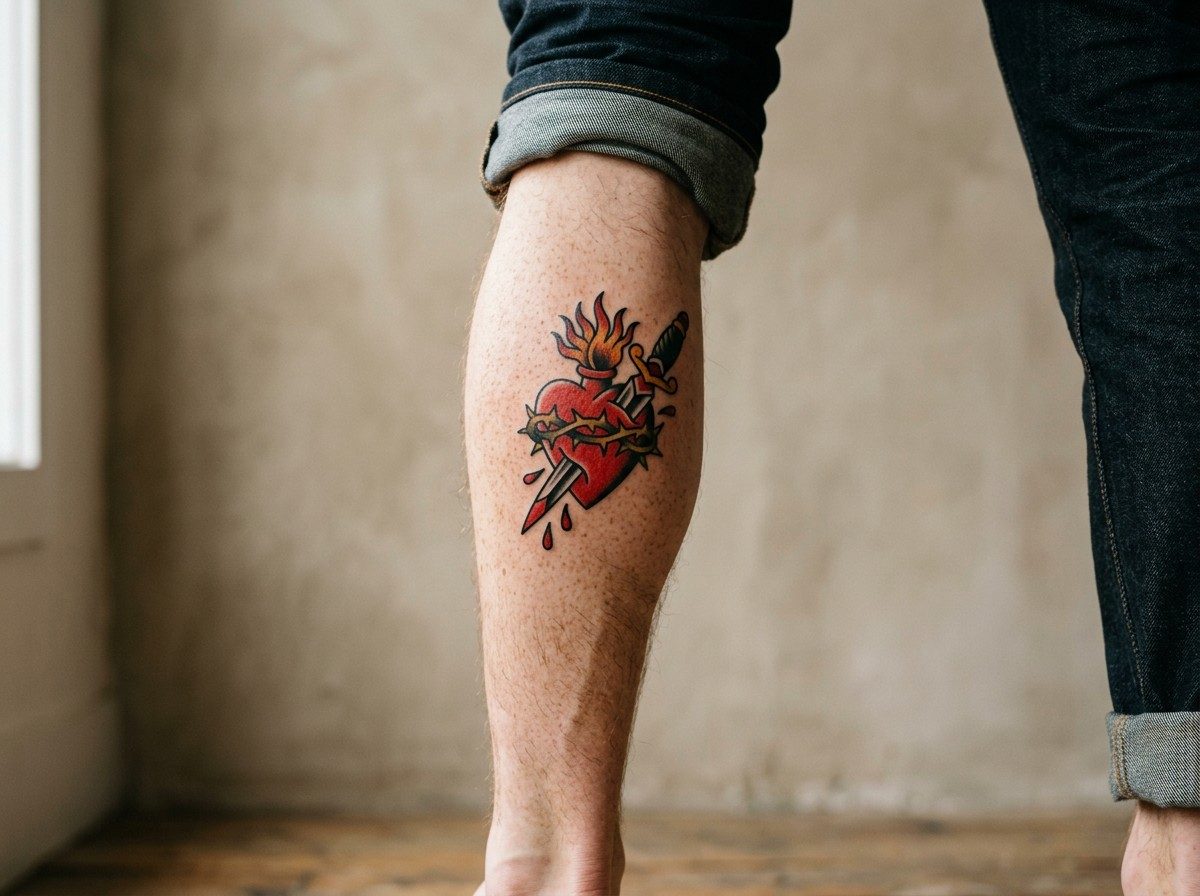 Sacred heart tattoo: sacred heart with dagger on the lower leg (human calf muscle)
