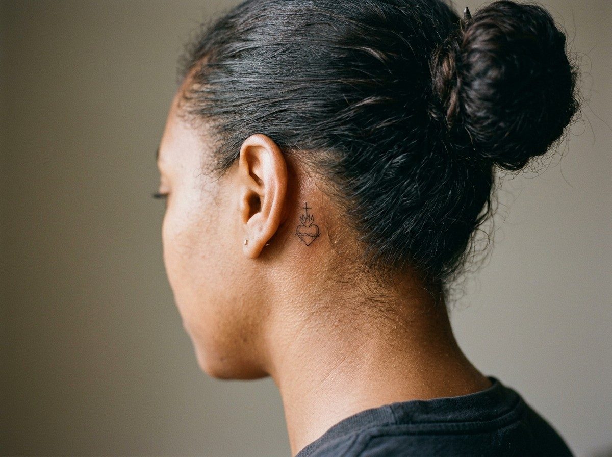 Sacred heart tattoo: tiny sacred heart behind the ear