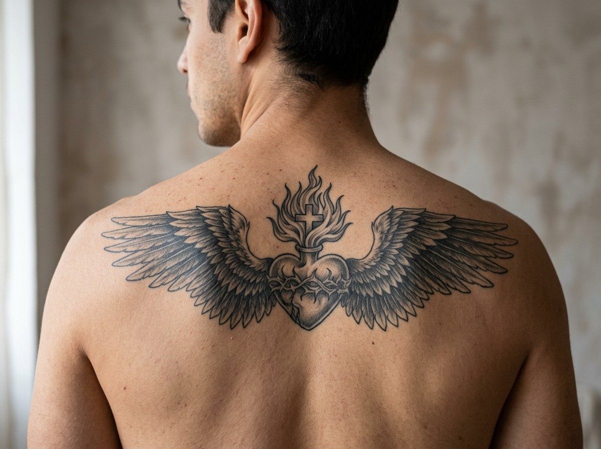 Sacred heart tattoo: sacred heart with wings on the upper back