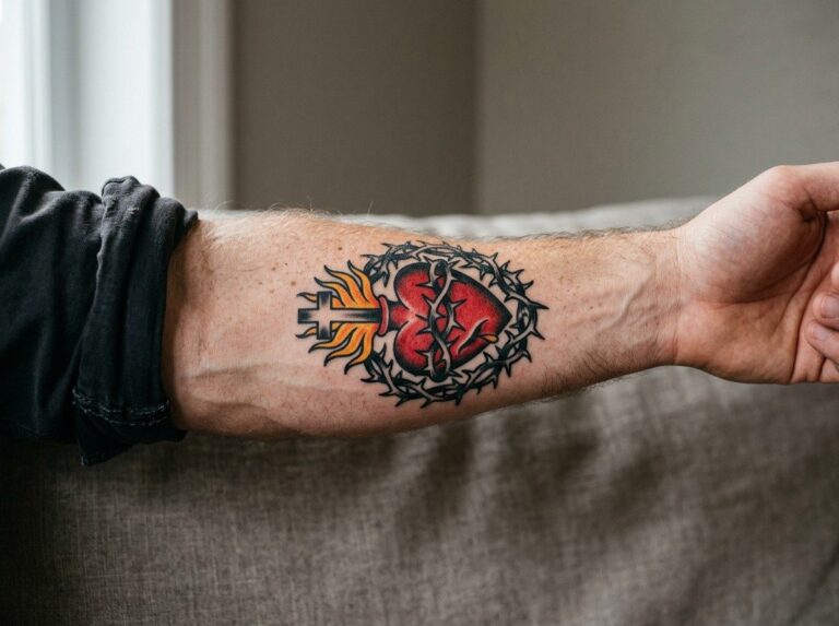 Sacred heart tattoo: traditional flaming heart on the forearm