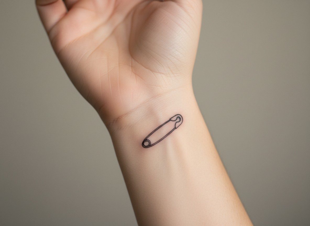 Safety pin tattoo meaning: simple closed pin on the inner wrist