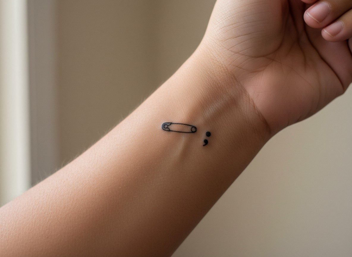 Safety pin tattoo meaning: pin with a semicolon on the inner wrist