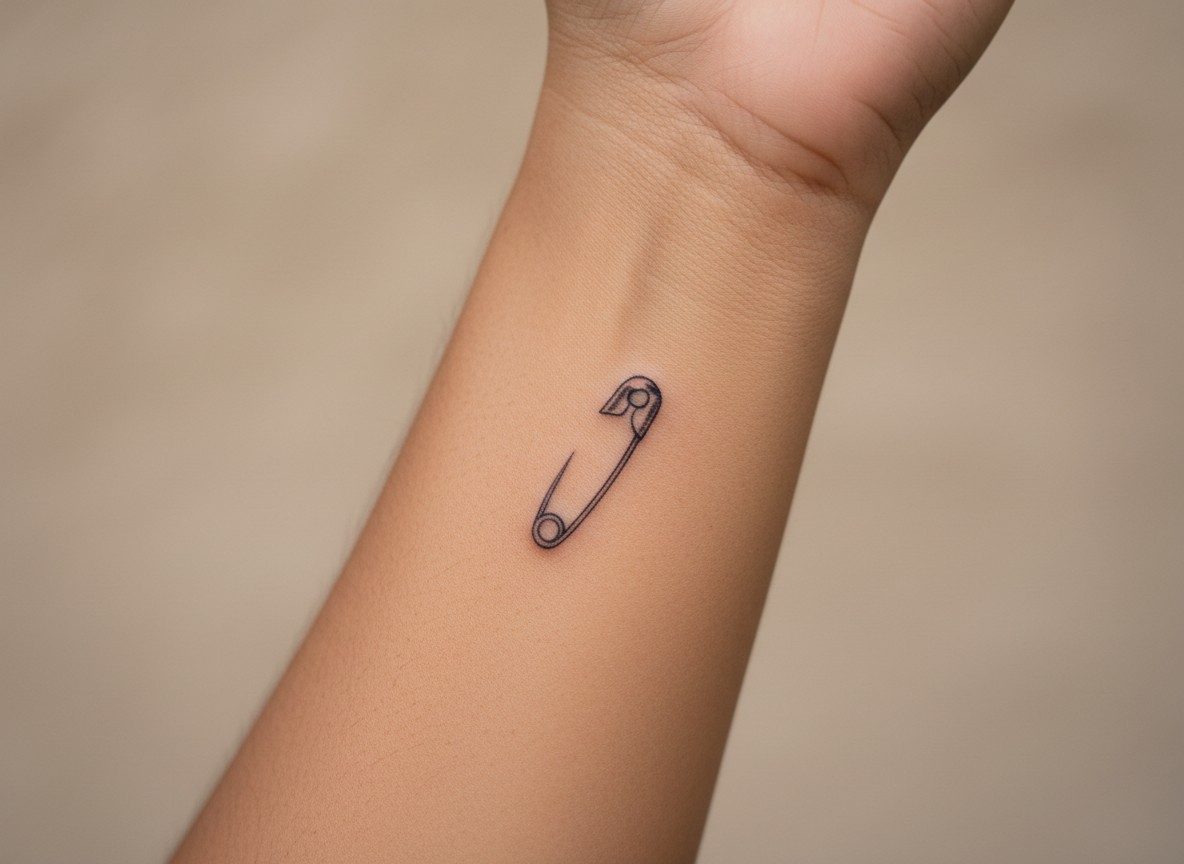 Safety pin tattoo meaning: open safety pin on the inner forearm