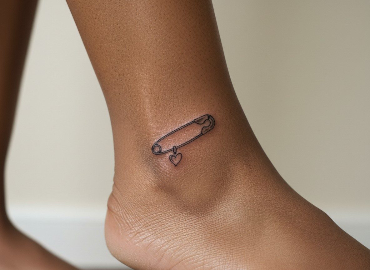 Safety pin tattoo meaning: pin with a charm on the ankle
