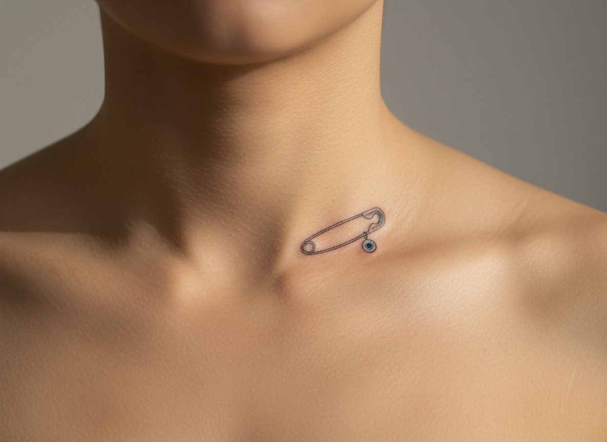 Safety pin tattoo meaning: pin with an evil eye on the collarbone