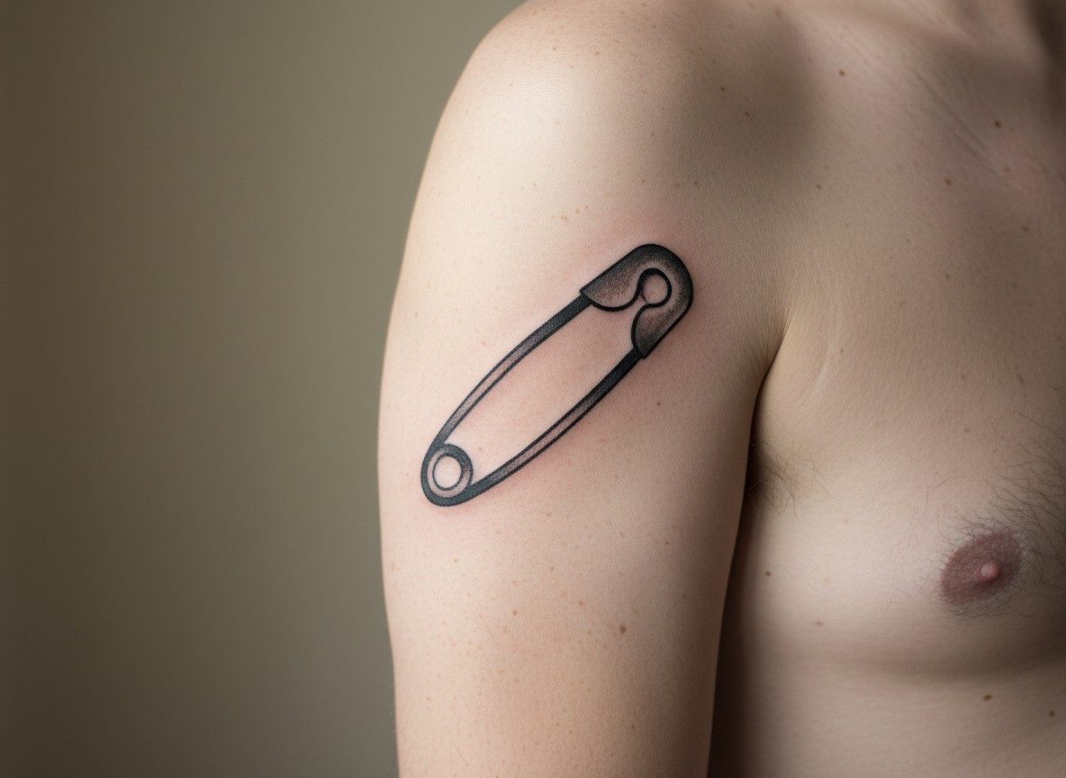 Safety pin tattoo meaning: punk pin on the upper arm