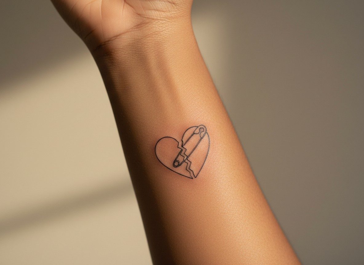 Safety pin tattoo meaning: pin holding a heart together on the forearm