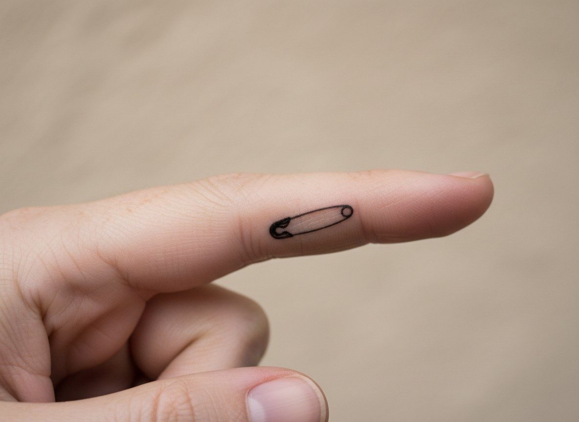 Safety pin tattoo meaning: tiny finger pin on the side of the index finger