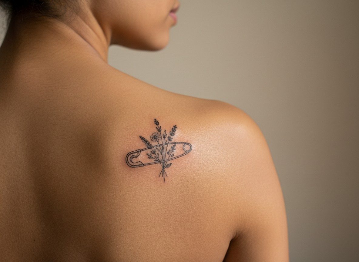 Safety pin tattoo meaning: pin and flowers on the shoulder blade