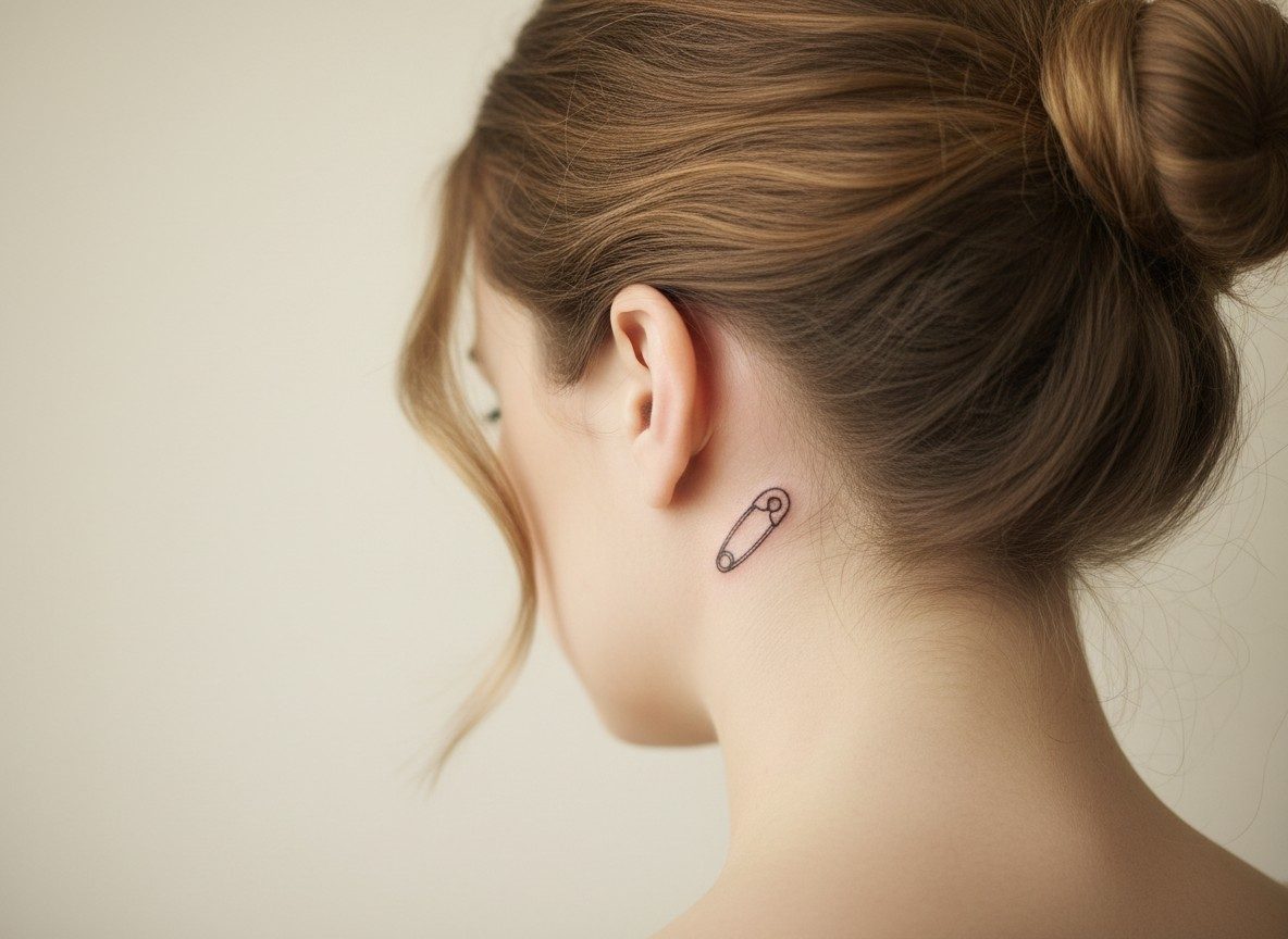Safety pin tattoo meaning: diaper pin for a baby on the skin behind the ear