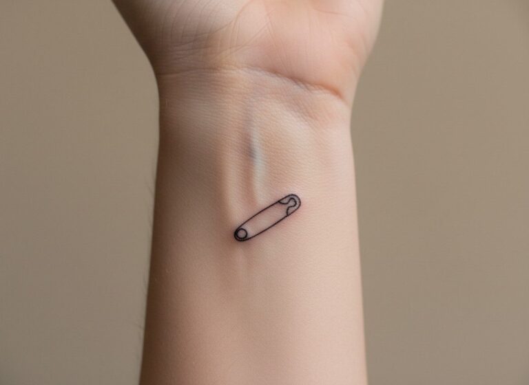 Safety pin tattoo meaning: fine line safety pin on the inner wrist