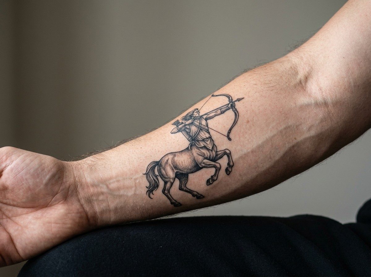 Sagittarius tattoo: centaur archer on the forearm
