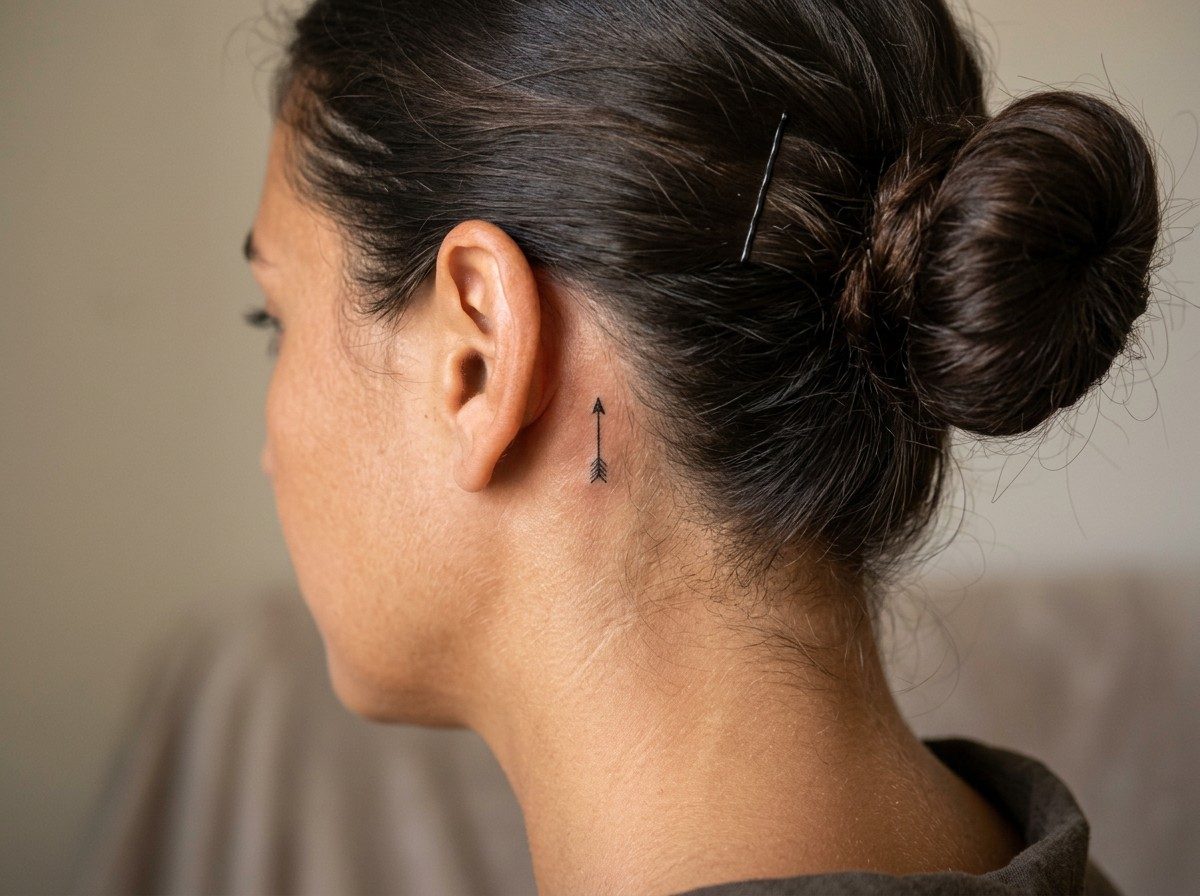 Sagittarius tattoo: tiny arrow behind the ear