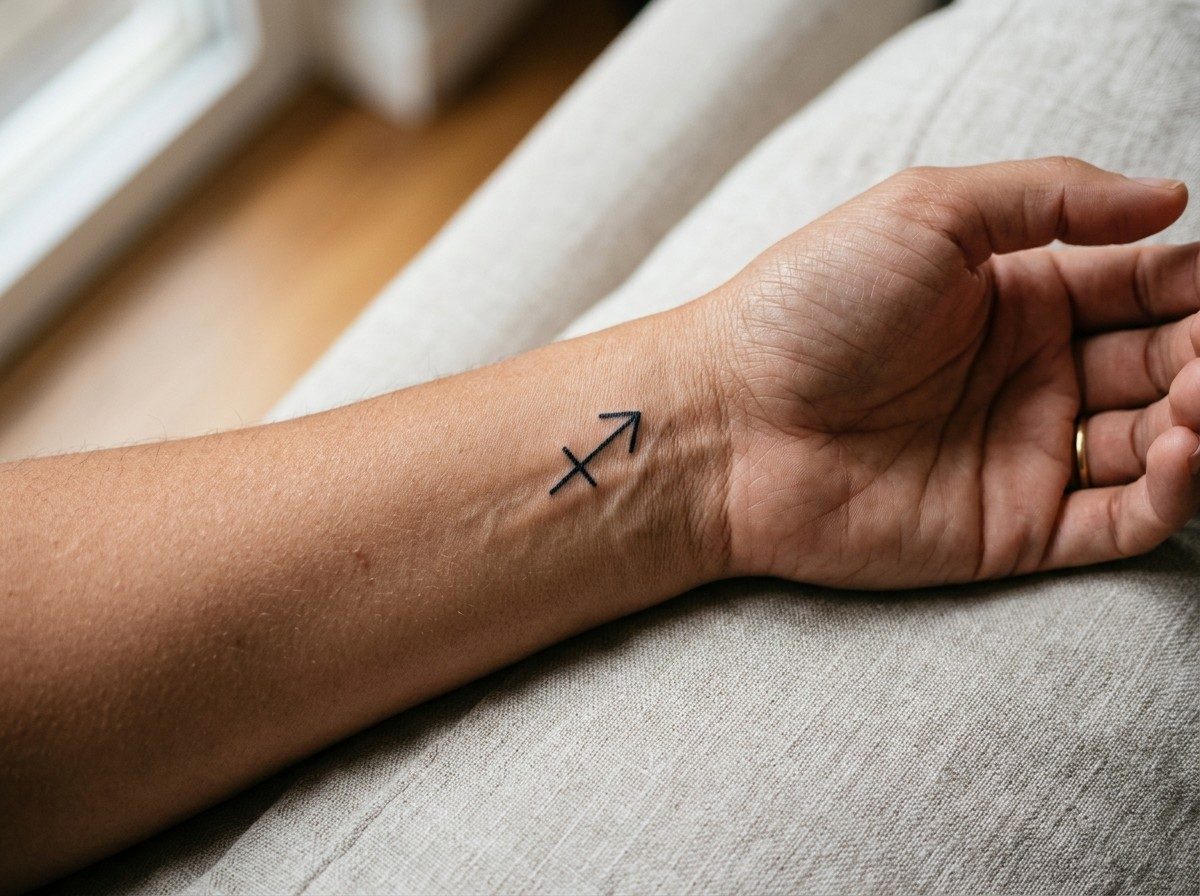 Sagittarius tattoo: sagittarius glyph on the inner wrist