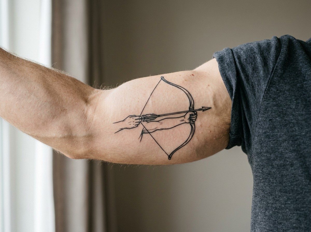 Sagittarius tattoo: bow and arrow on the upper arm
