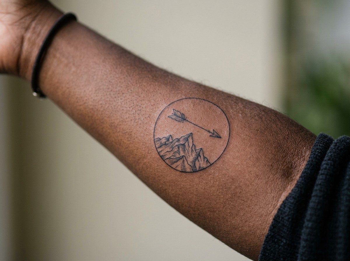 Sagittarius tattoo: arrow and mountains on the outer forearm