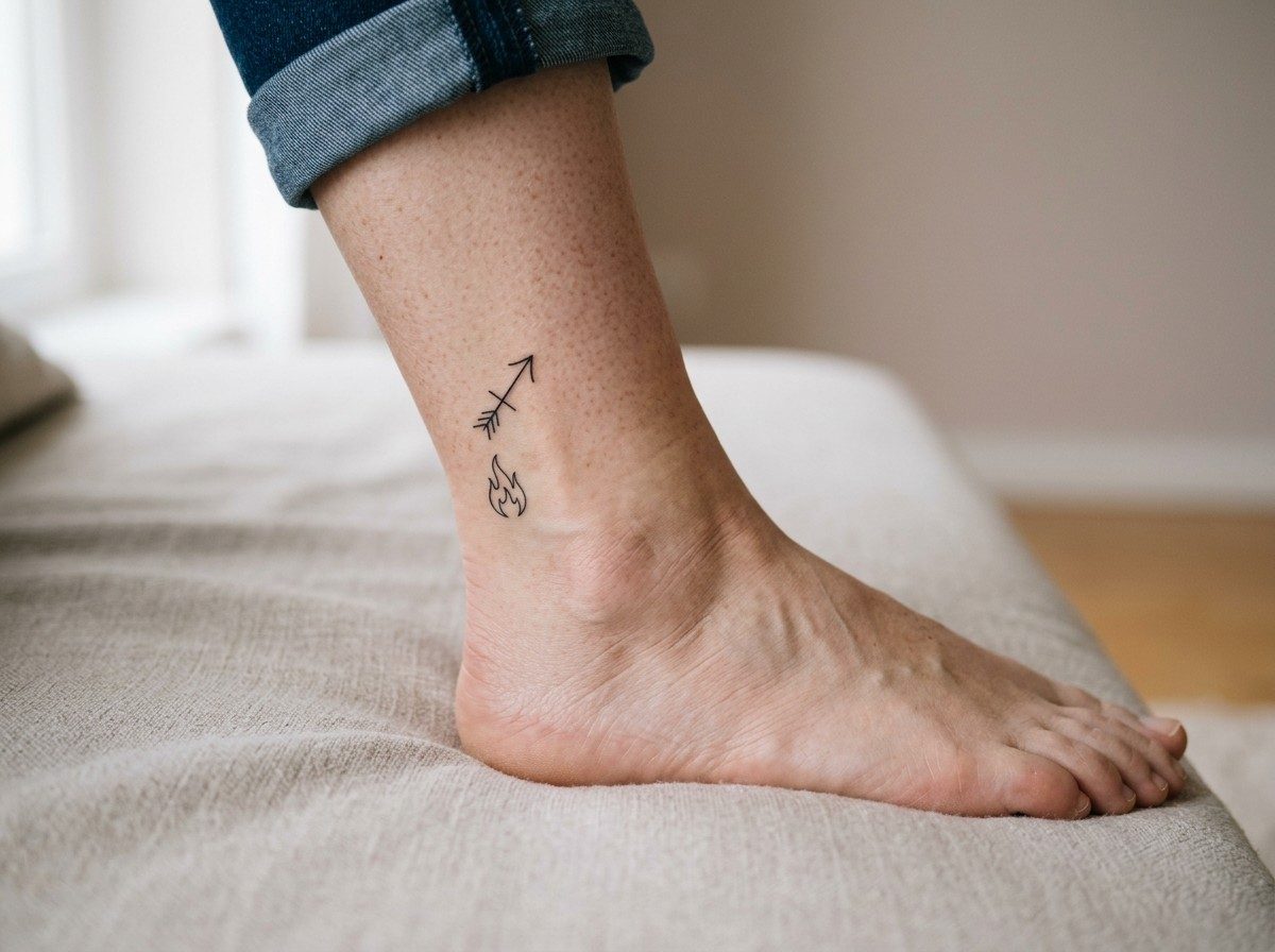 Sagittarius tattoo: glyph and flame on the ankle