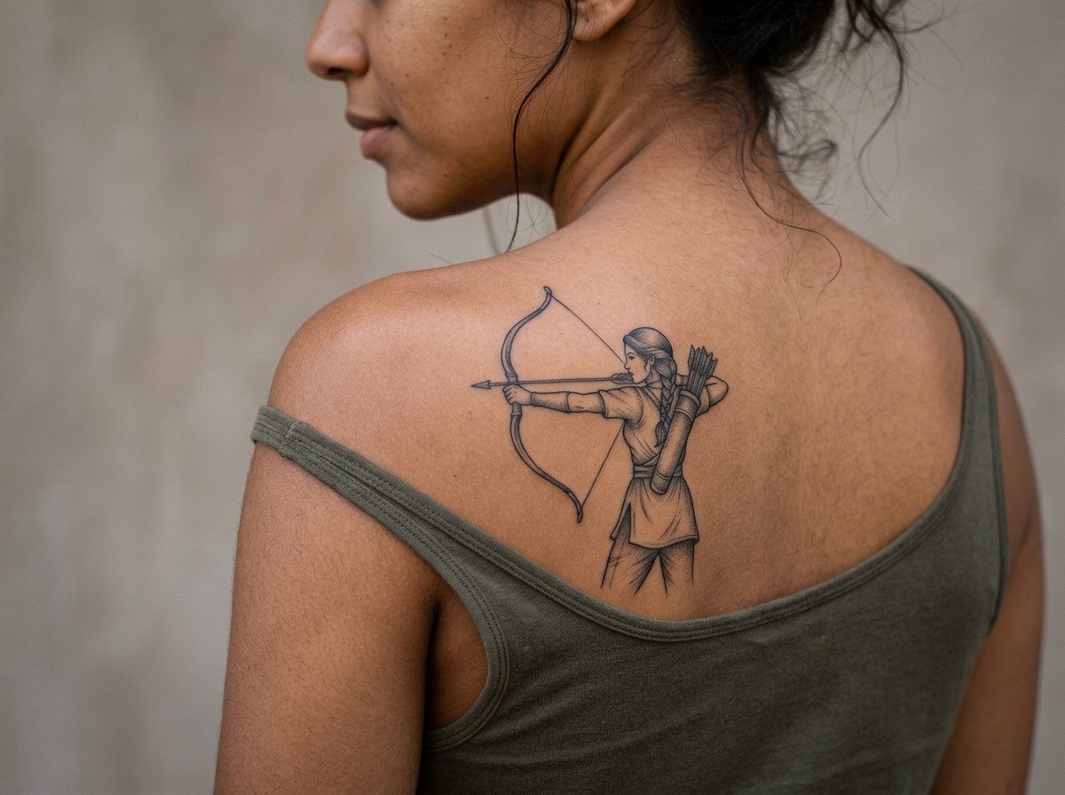 Sagittarius tattoo: female archer on the shoulder blade
