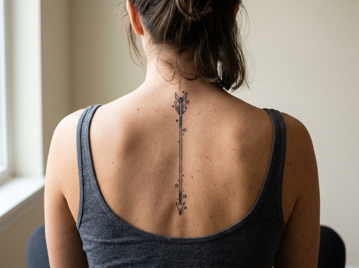 Sagittarius tattoo: arrow spine tattoo on the upper spine