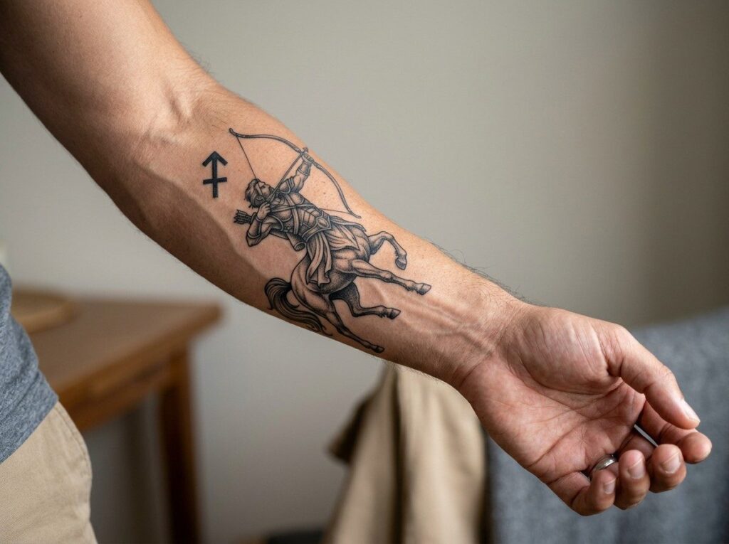 Sagittarius tattoo: archer drawing a bow on the forearm